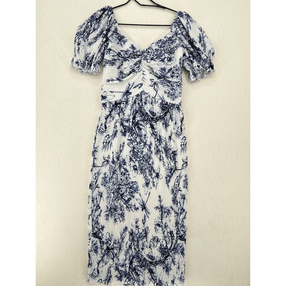 i-Vivian Blue White Floral Toile Midi Dress Medium Puff Sleeve Cottagecore
